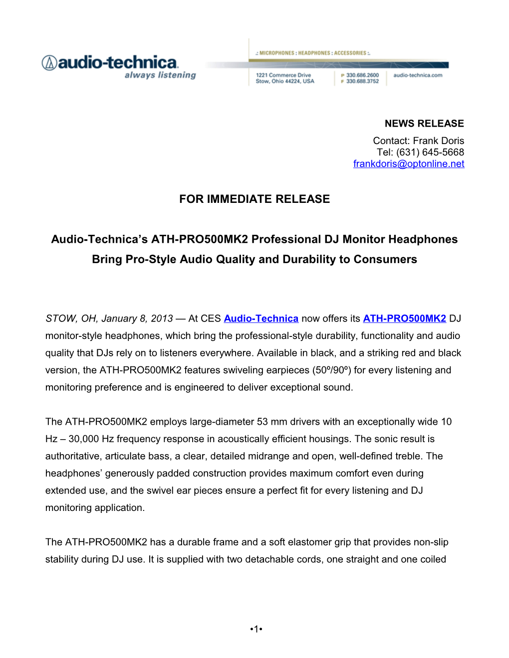 Audio-Technica ATH-Anc7b Innovations 2010 Press Release