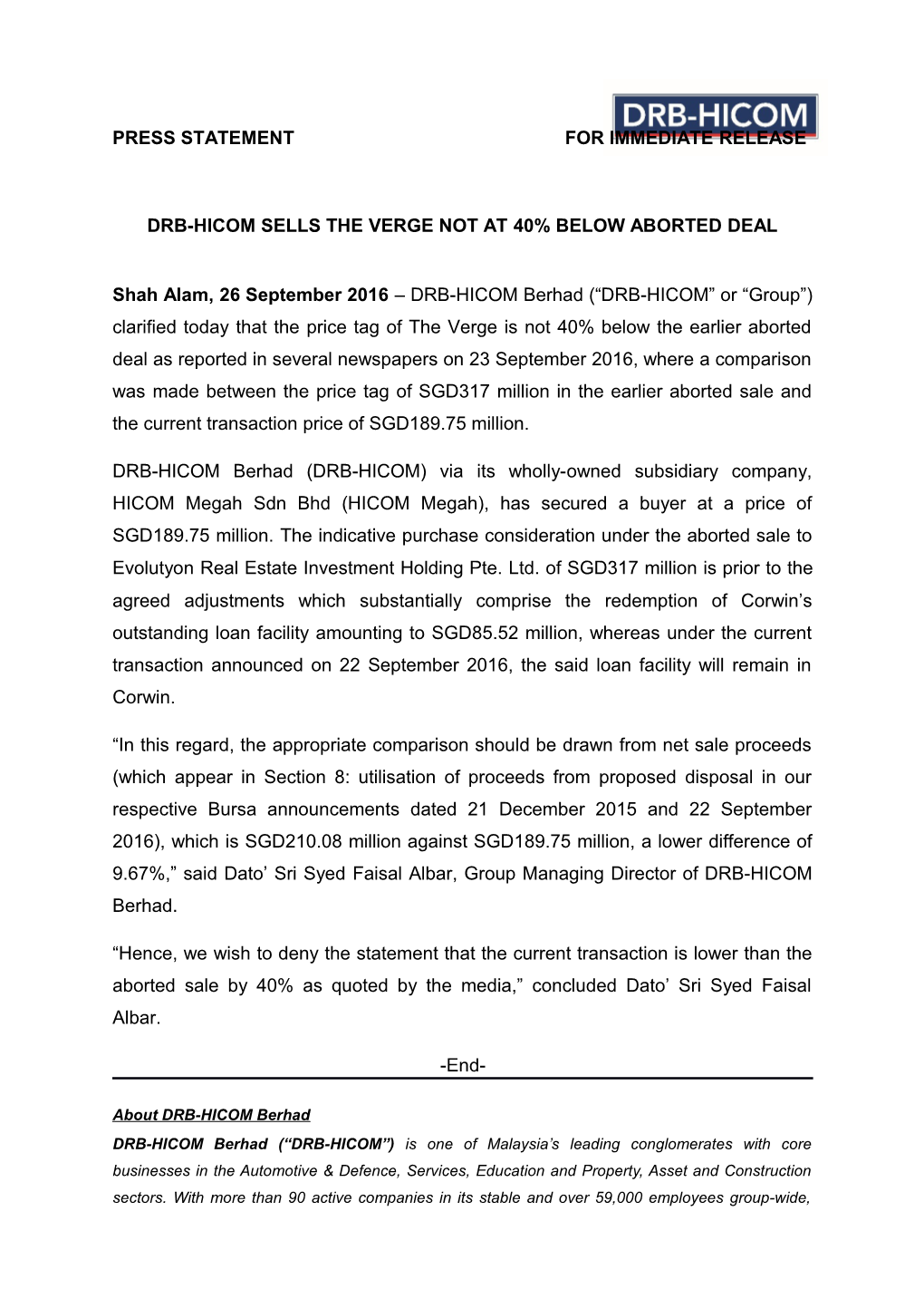 Drb-Hicom Sells the Verge Not at 40% Below Aborted Deal