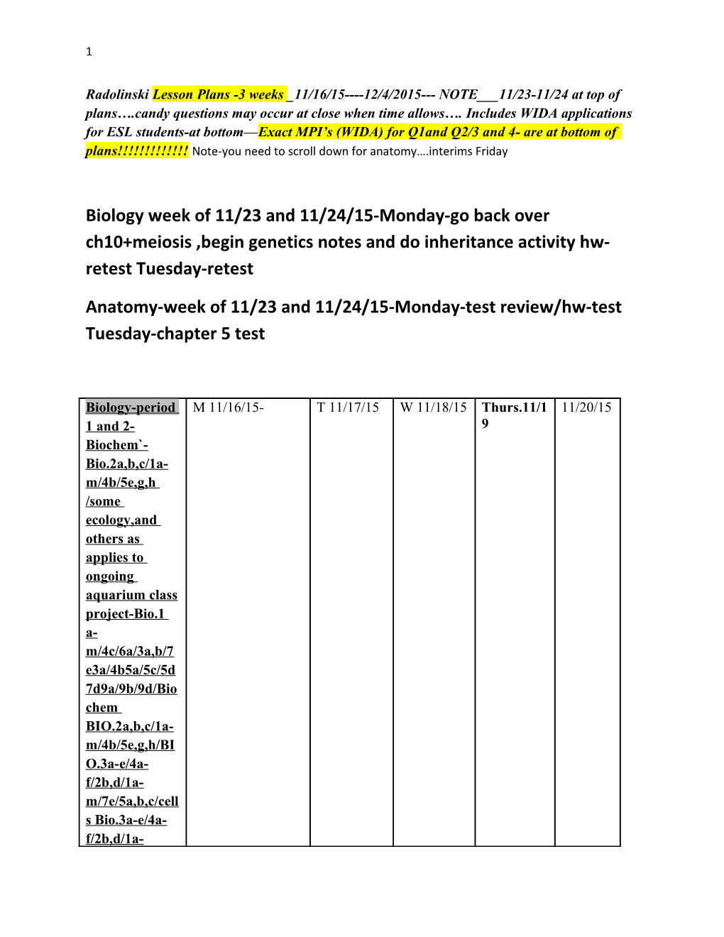 Anatomy-Week of 11/23 and 11/24/15-Monday-Test Review/Hw-Test Tuesday-Chapter 5 Test