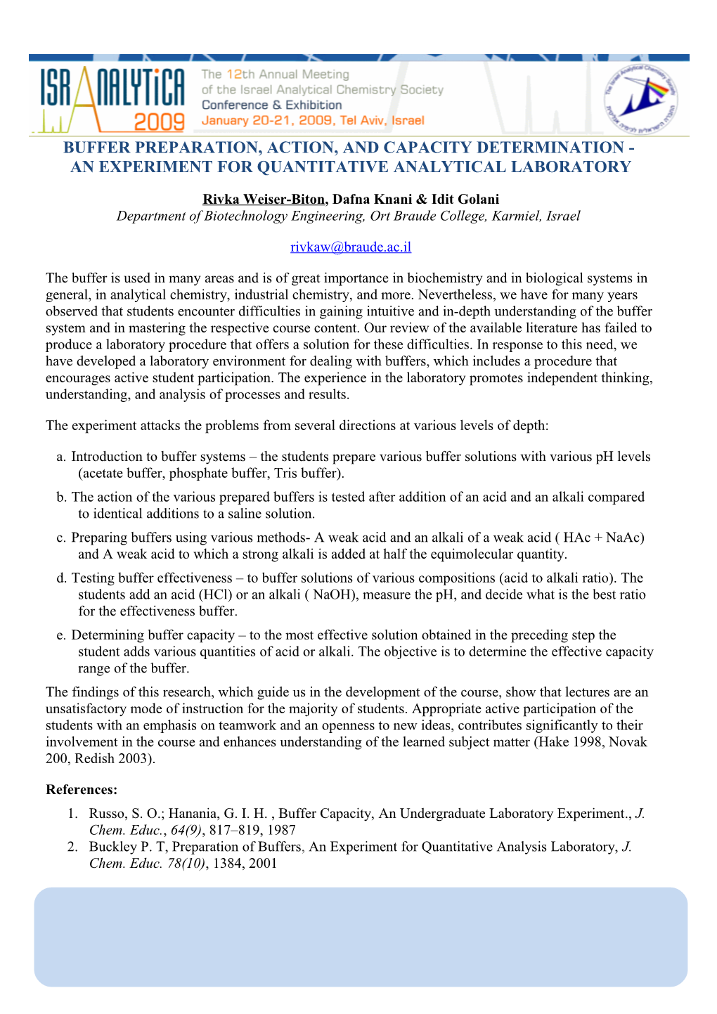 Buffer Preparation, Action, and Capacity Determination - an Experiment for Quantitative