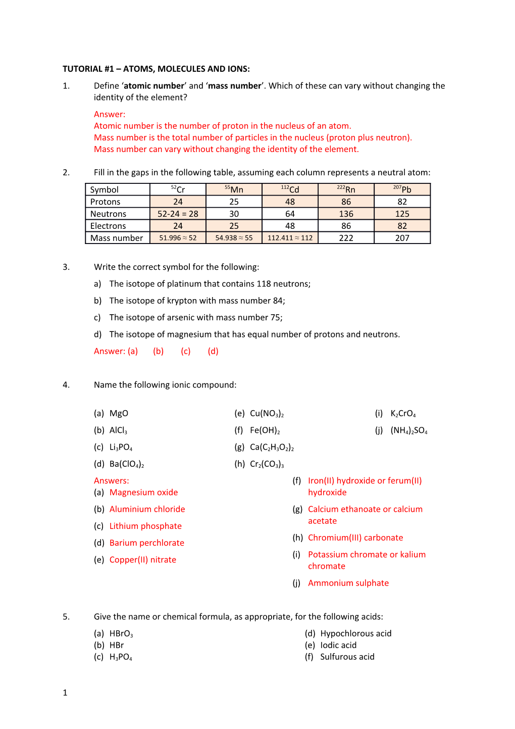 Tutorial #1 Atoms, Molecules and Ions