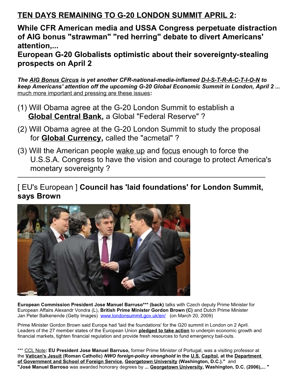 Ten Days Remaining to G-20 London Summit April 2