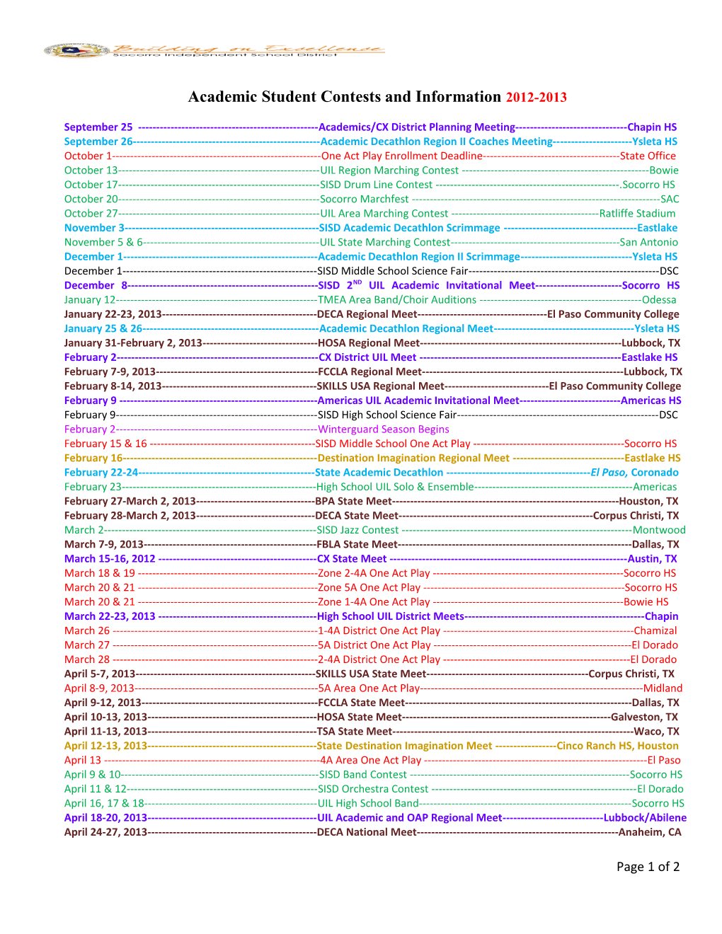 Academic Student Contestsand Information 2012-2013