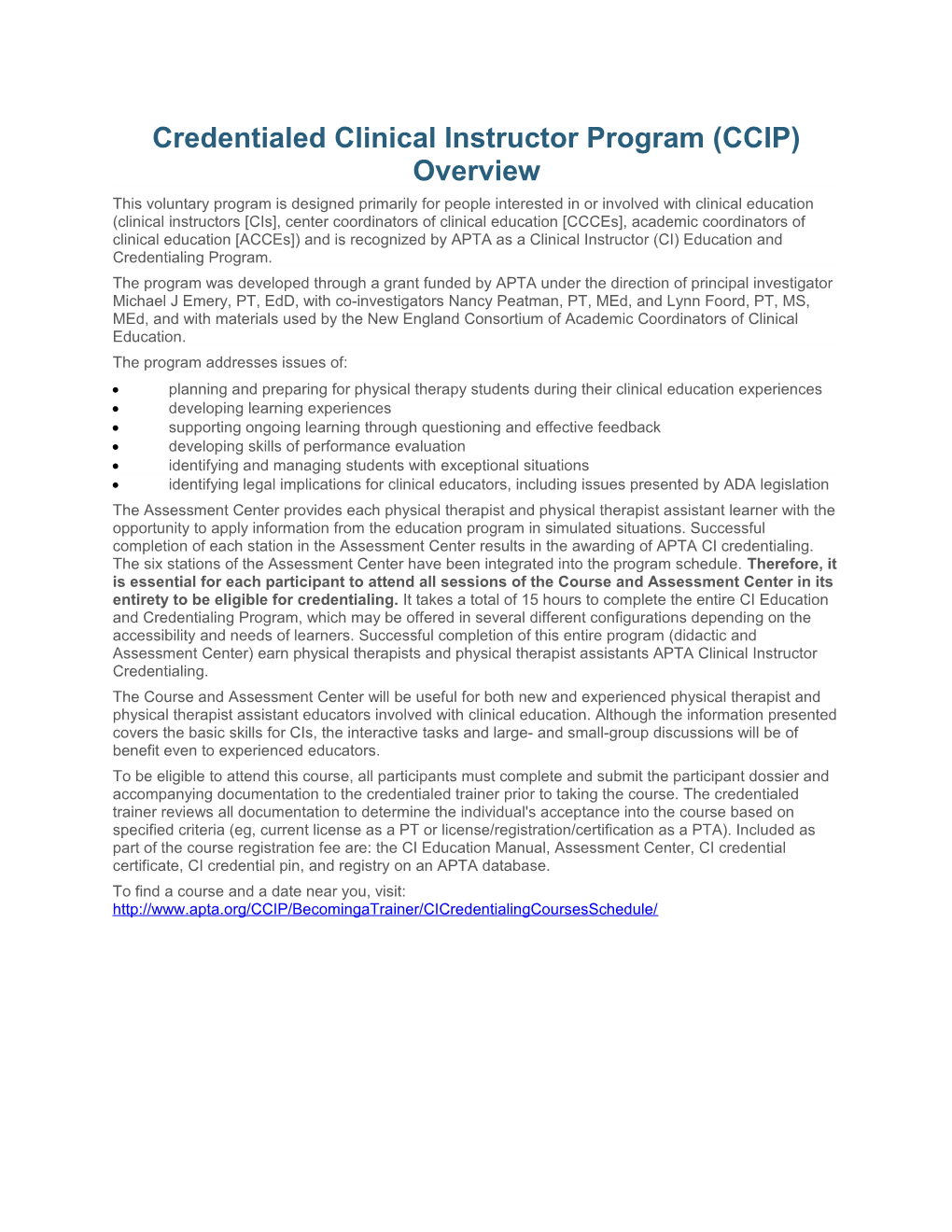 Credentialed Clinical Instructor Program (CCIP) Overview