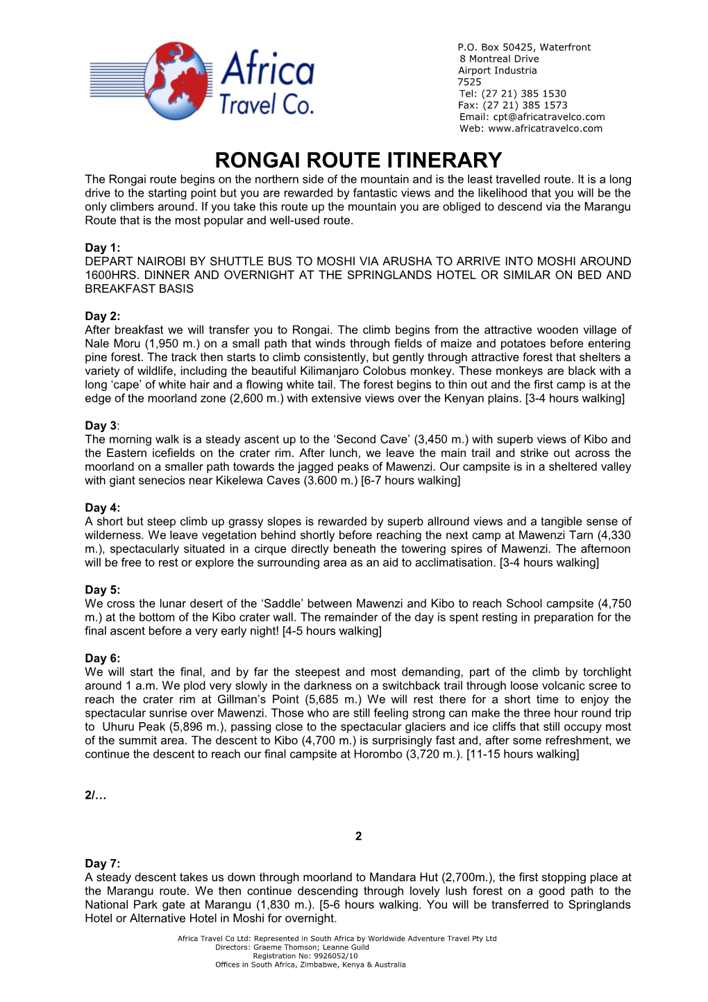 Rongai Route Itinerary