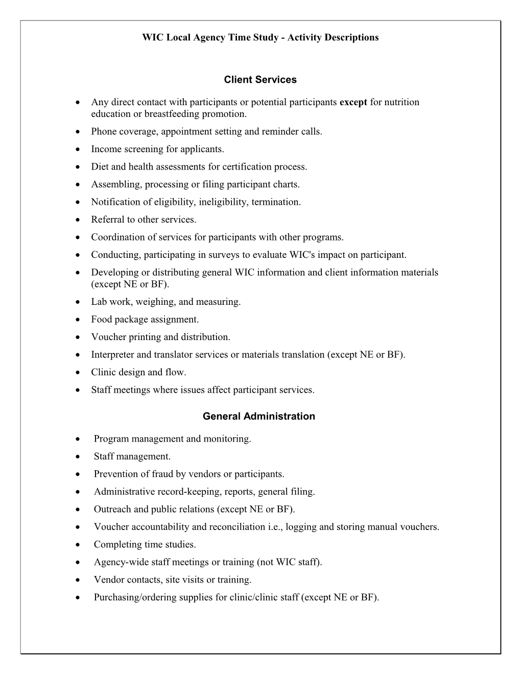 Time Study Local Agency Activity Description