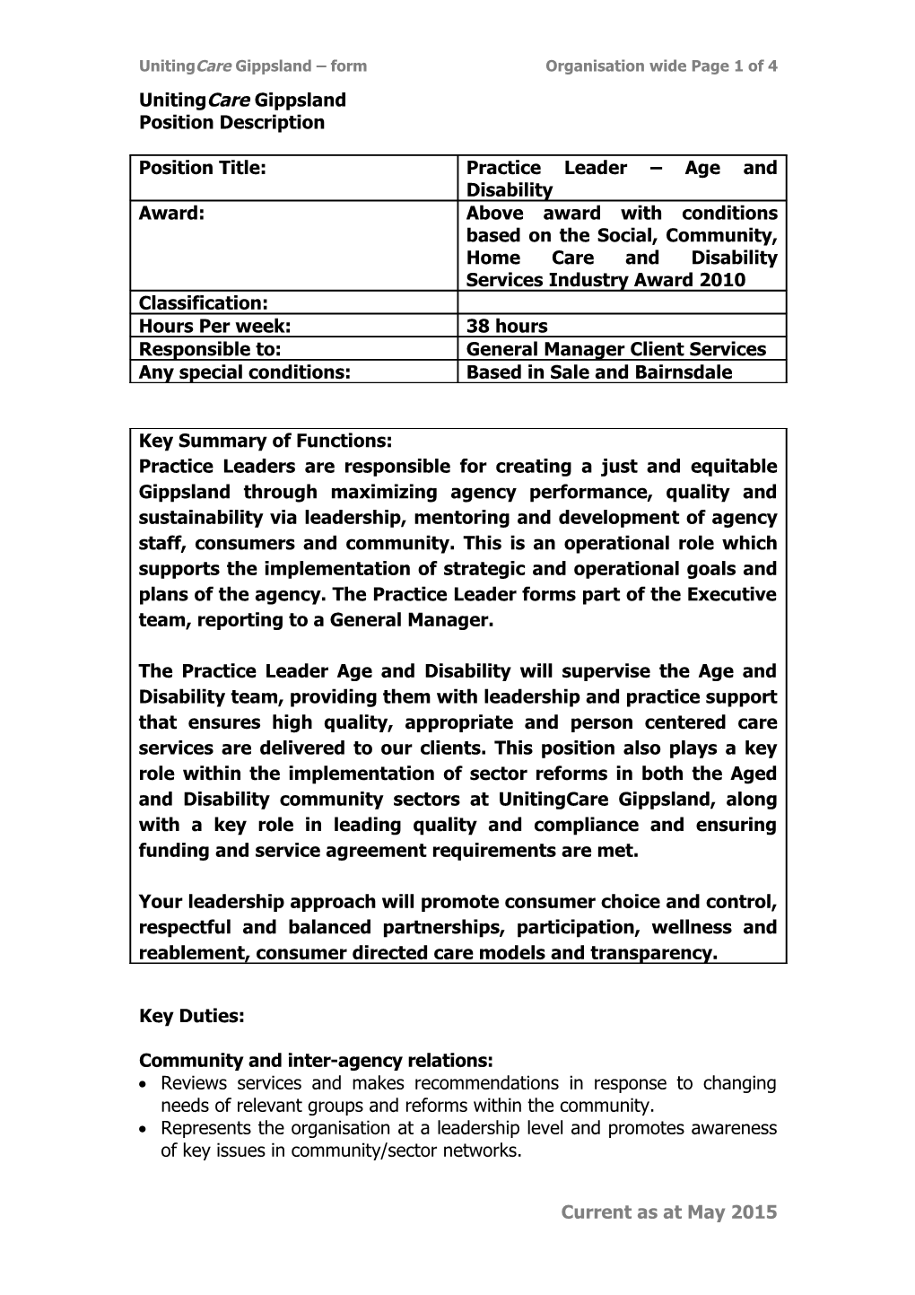 Unitingcaregippsland Form Organisation Wide Page 1 of 4