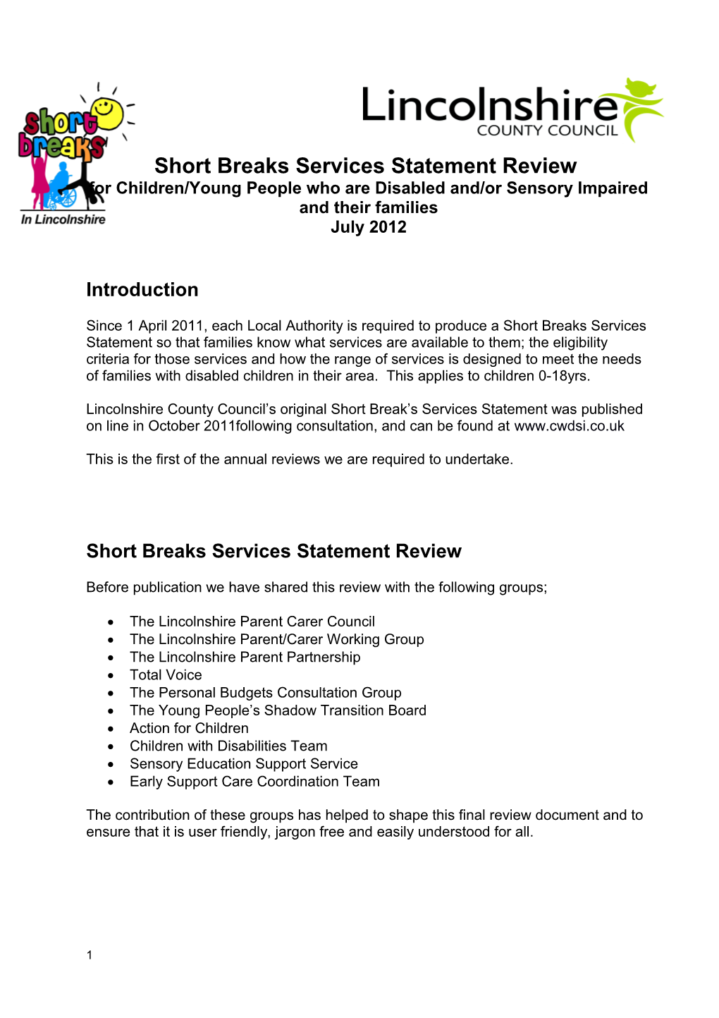 The Short Breaks Services Statement Review for Children and Young People Who Are Sensory