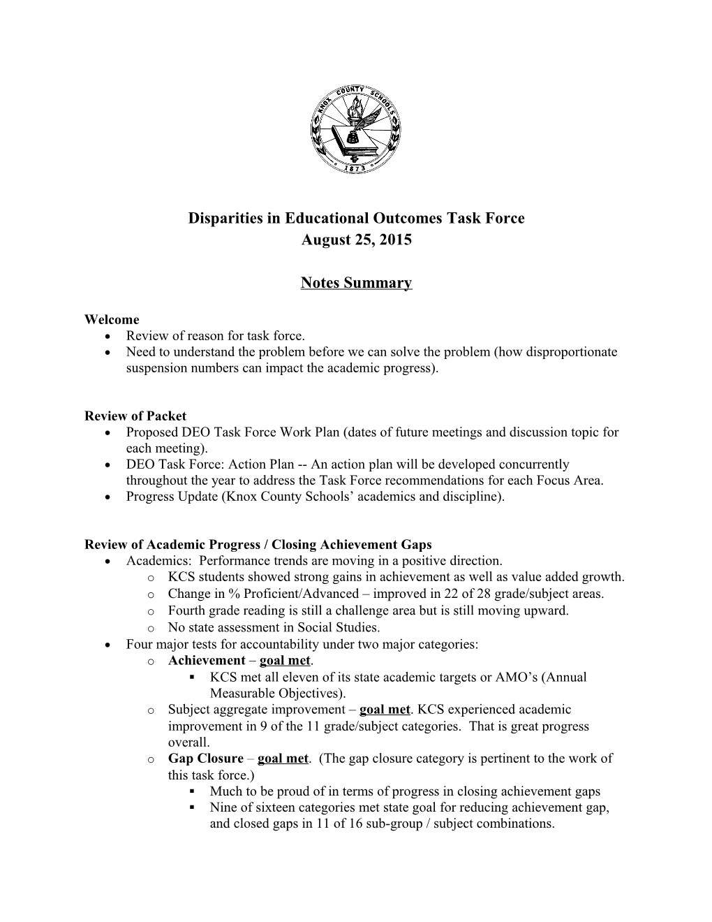 Disparities in Educational Outcomes Task Force