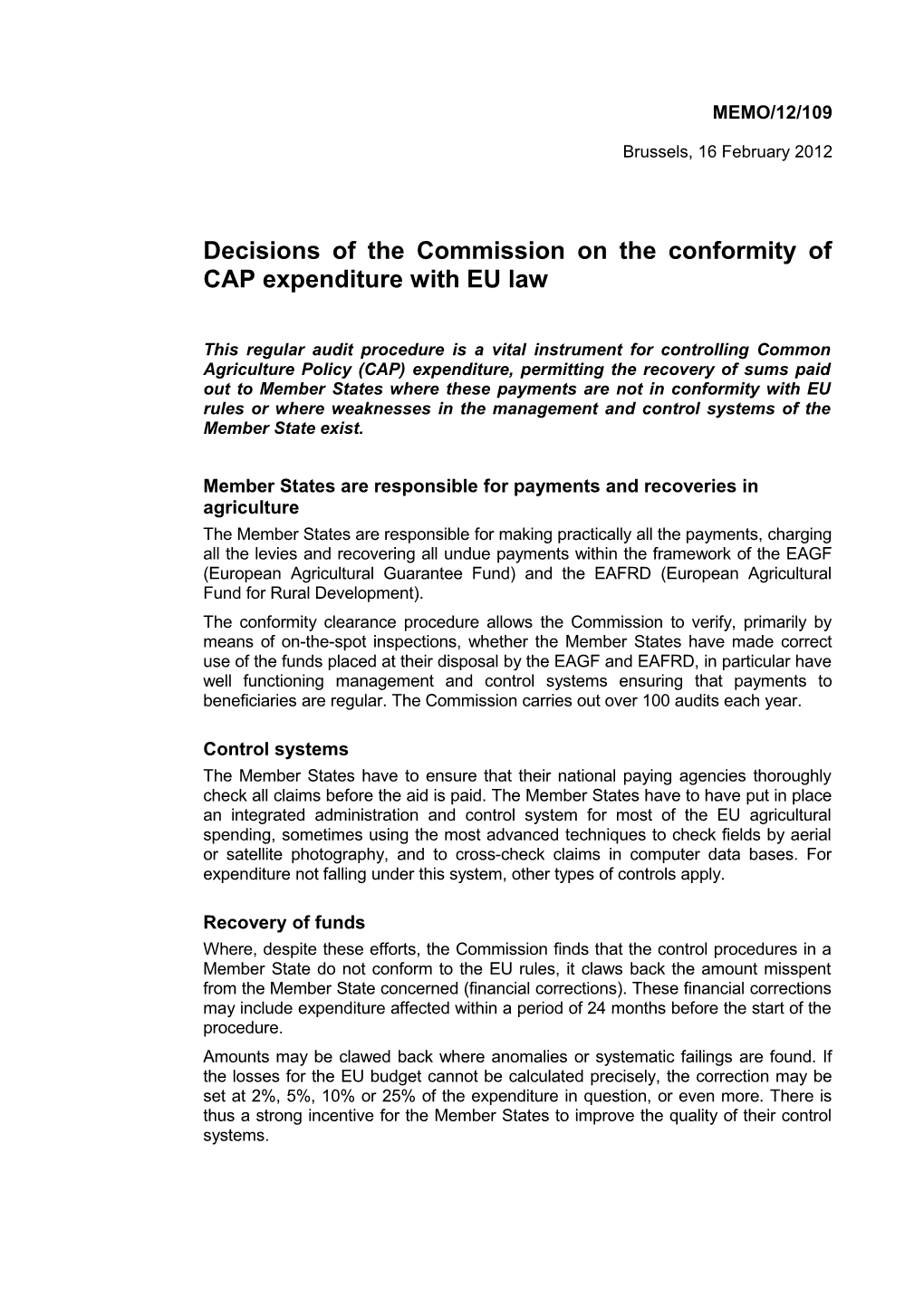 Decisions of the Commission on the Conformity of CAP Expenditure with EU Law