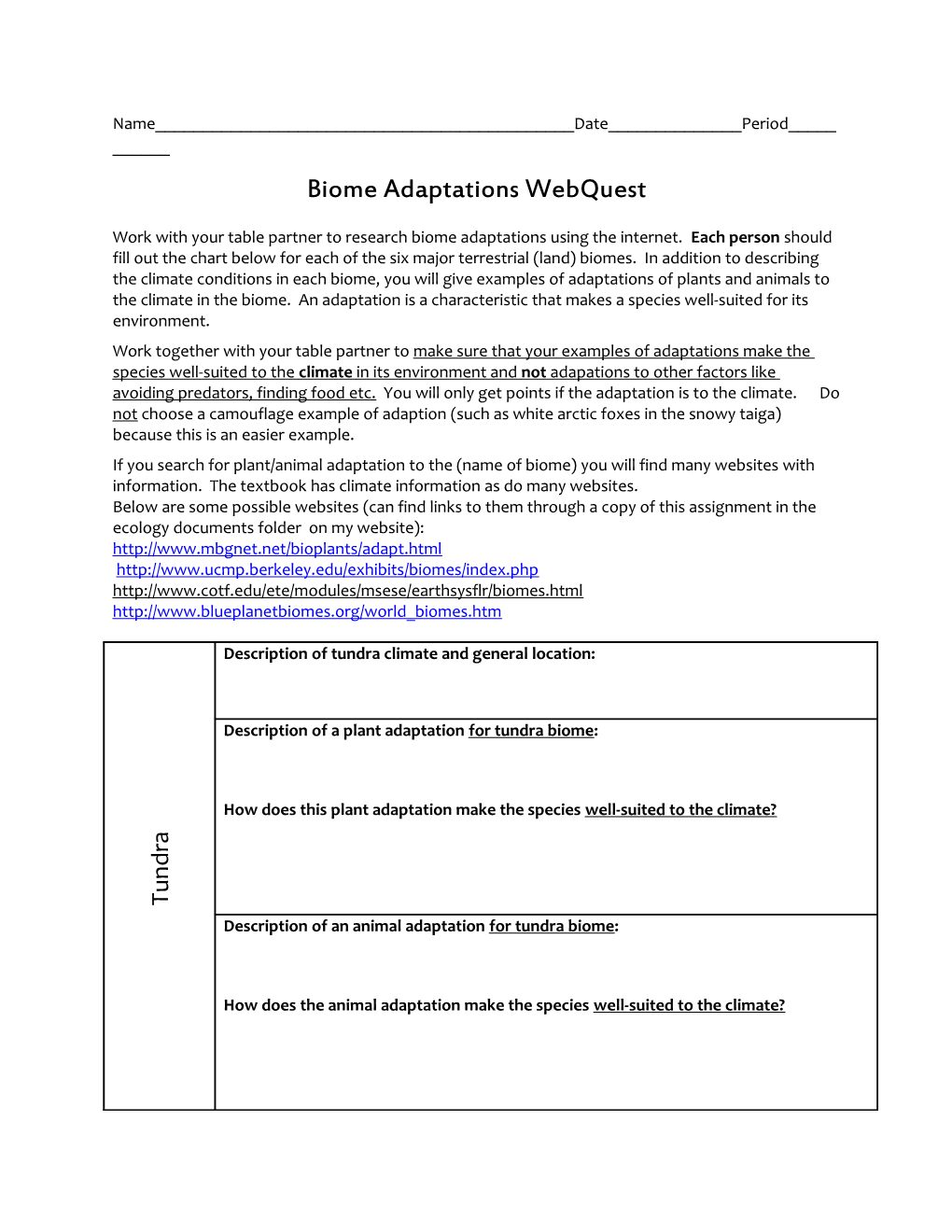 Biome Adaptations Webquest