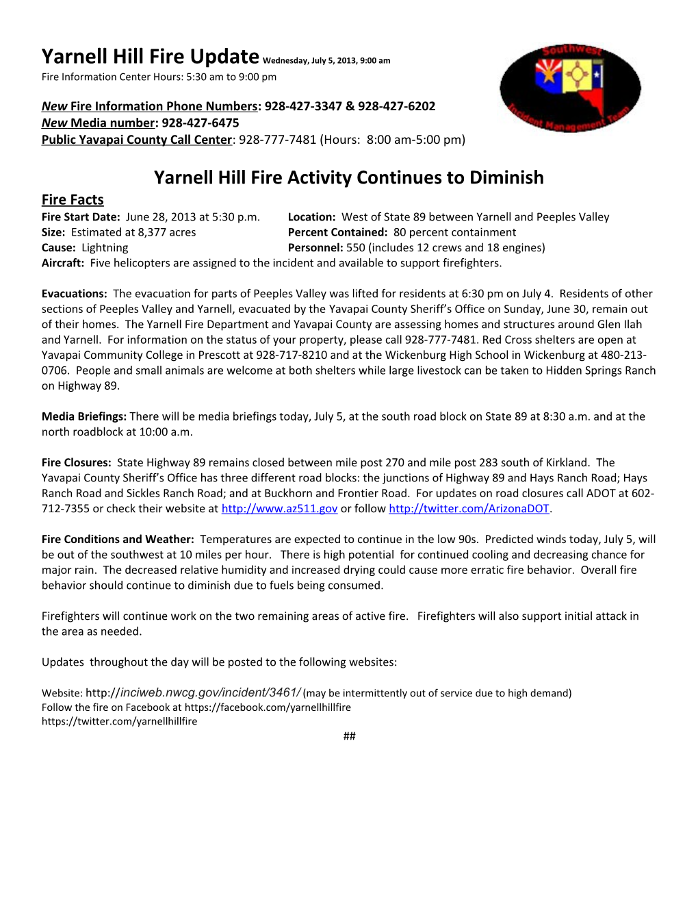 Yarnell Hill Fire Update Tuesday, July 2, 2013, 10:00 Pm