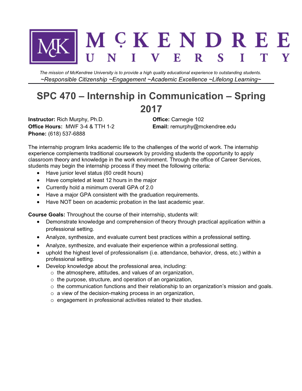 SPC 470 Internship in Communication Spring 2017