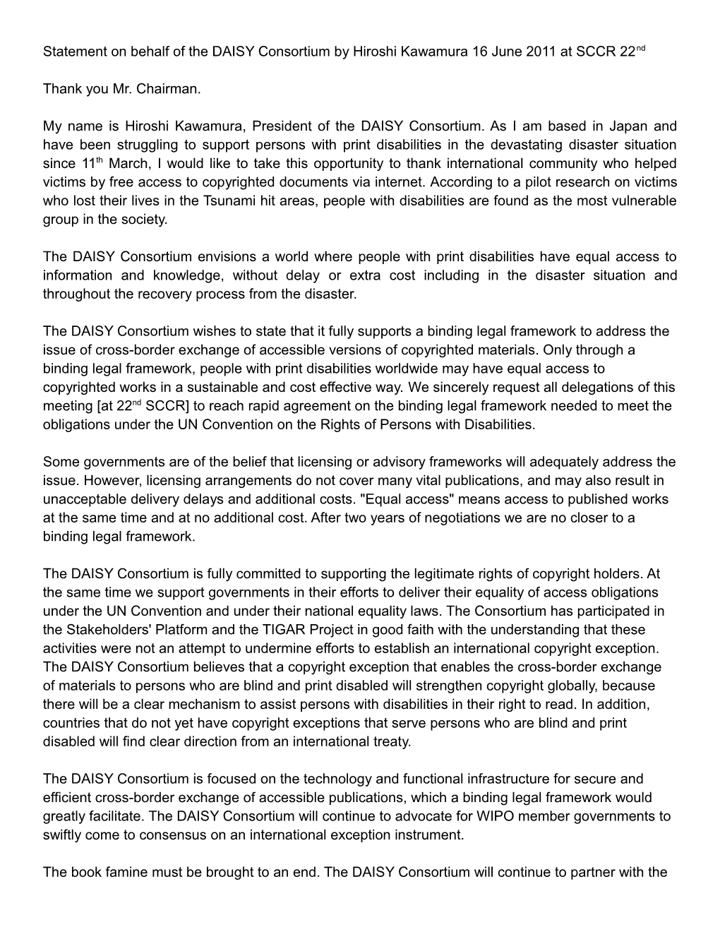 Statement on Behalf of the DAISY Consortium by Hiroshi Kawamura 16 June 2011 at SCCR 22Nd
