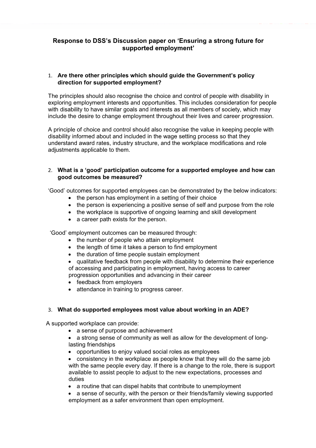 Response to DSS S Discussion Paper on Ensuring a Strong Future for Supported Employment