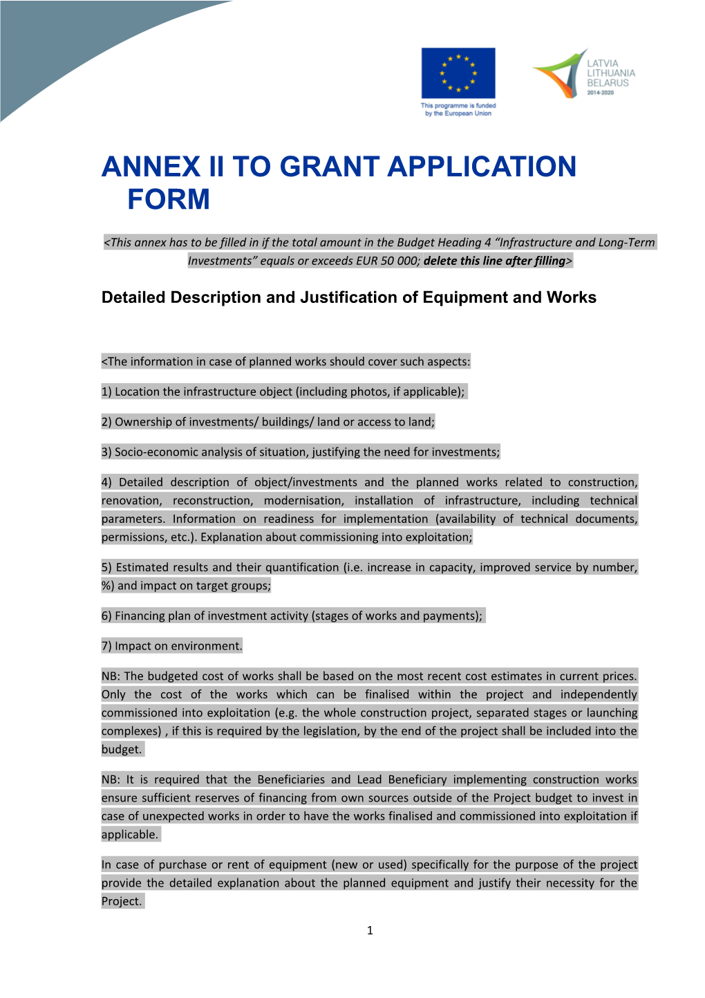 Annex Ii to Grant Application Form