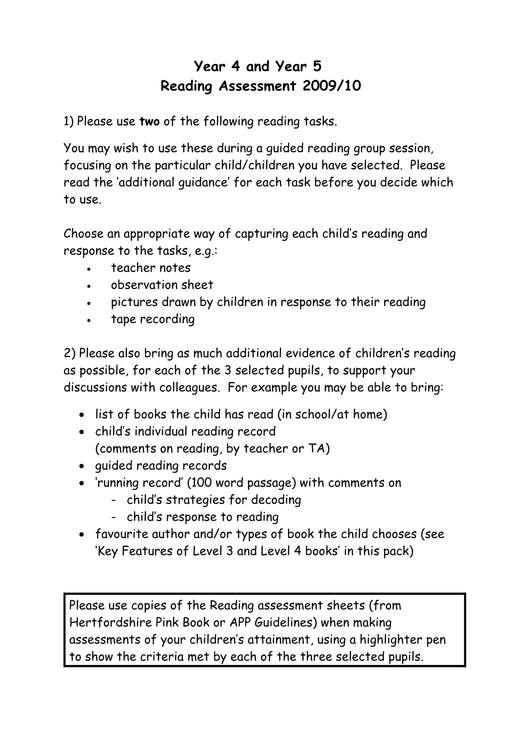 Year 4 and 5 Reading Assessment 2009-10