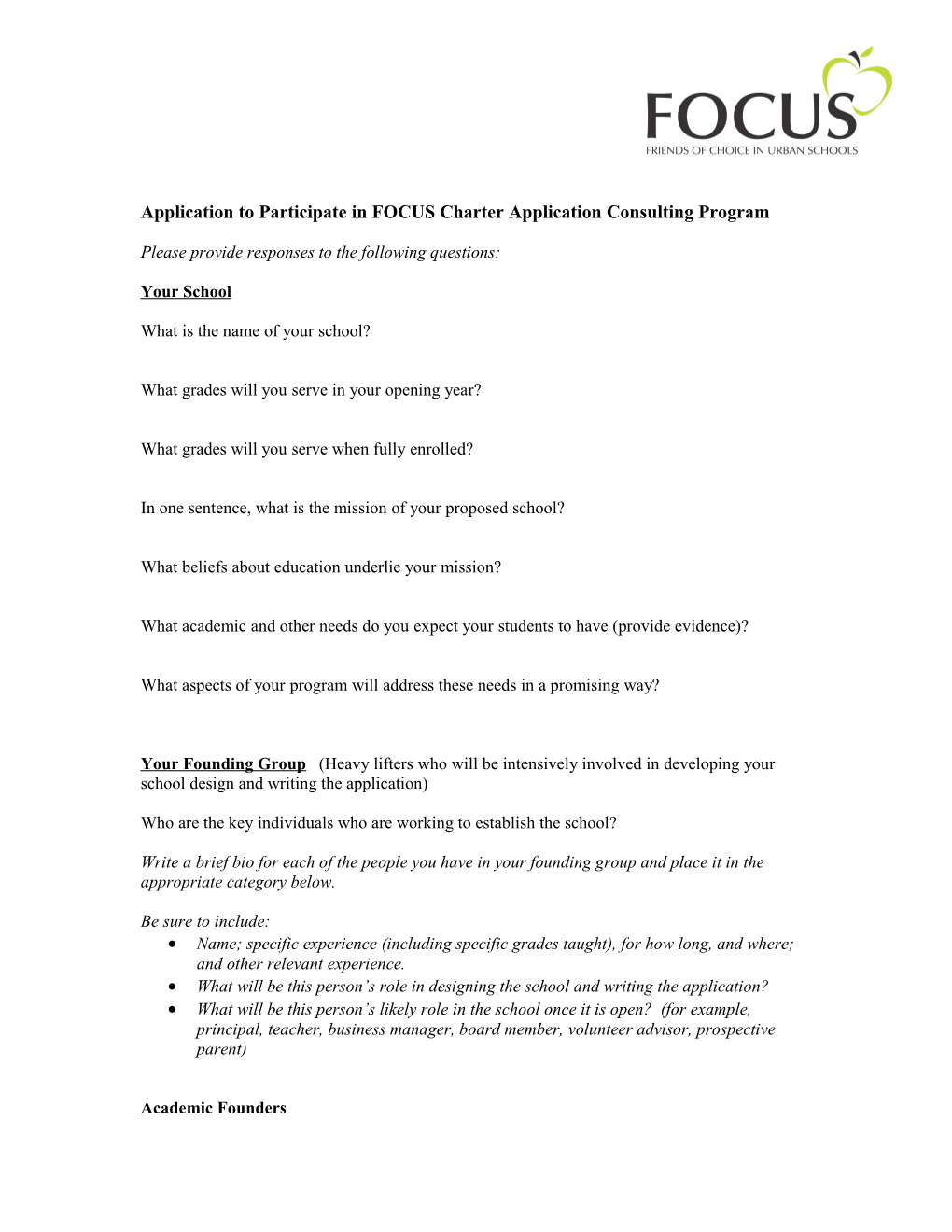 Application to Participate in FOCUS Charter Application Consulting Program