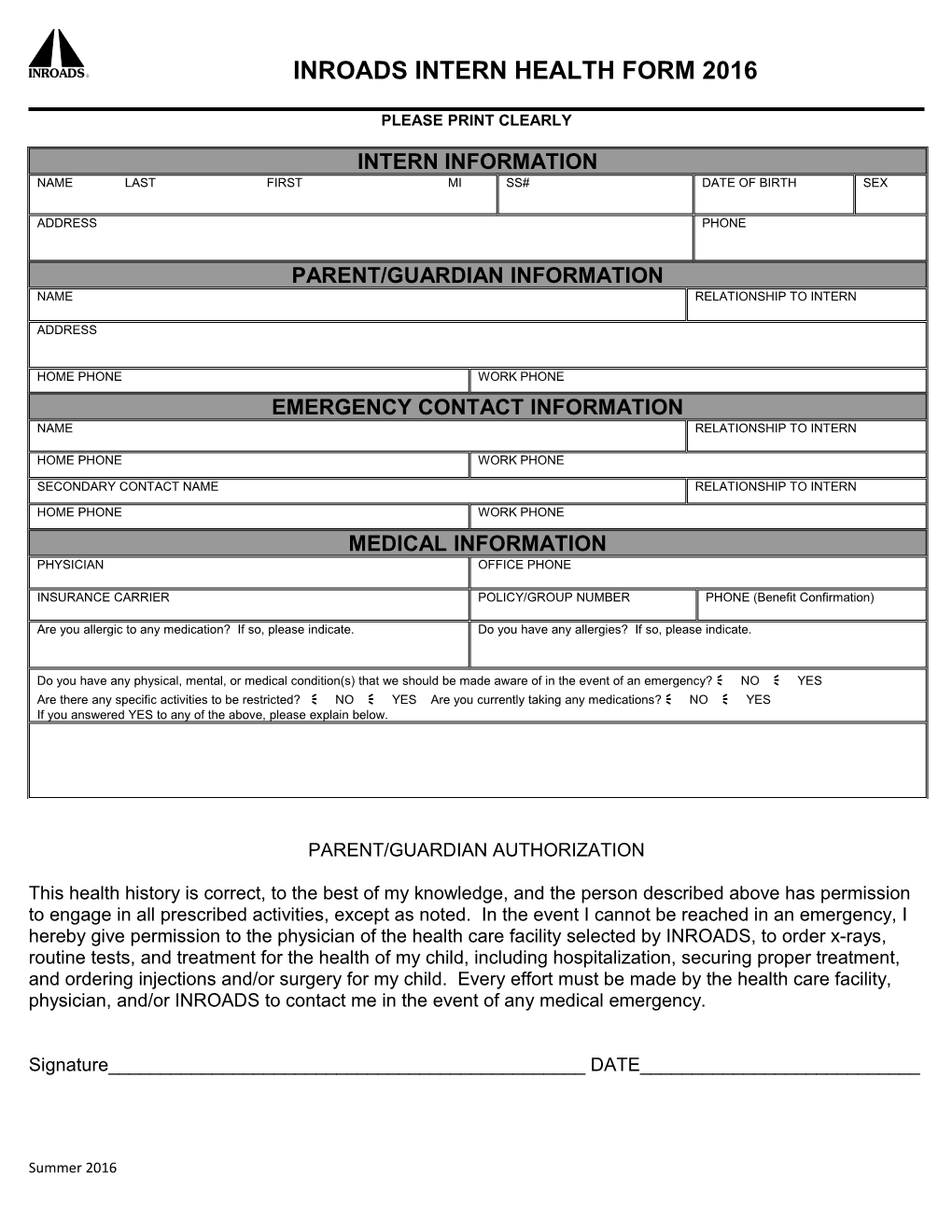 Inroads Intern Health Form