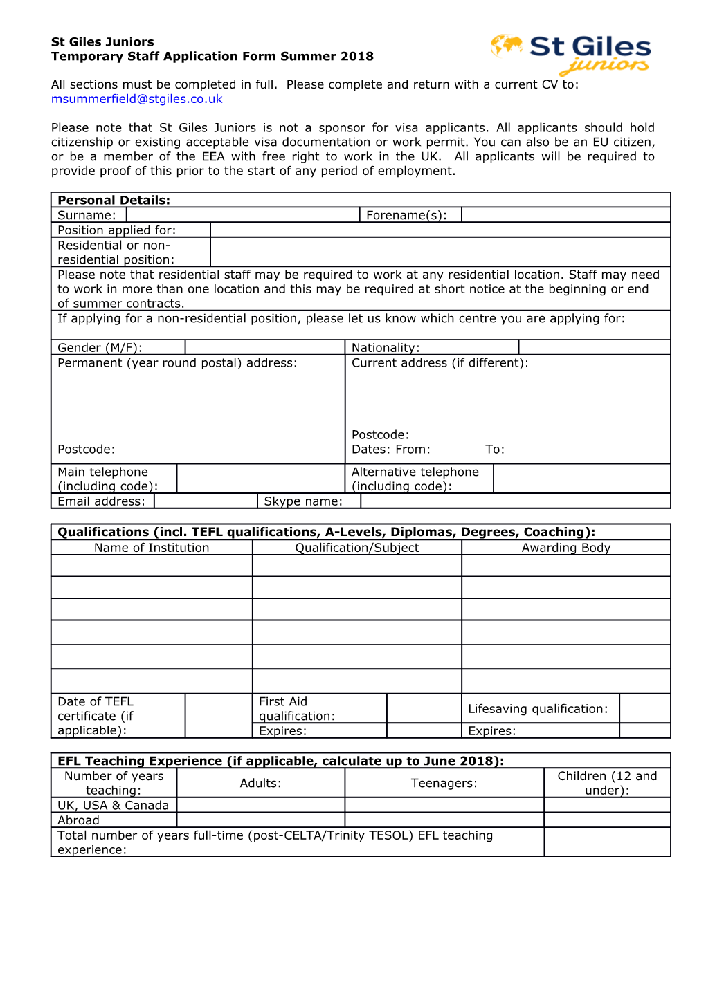 Temporary Staff Application Form Summer 2018