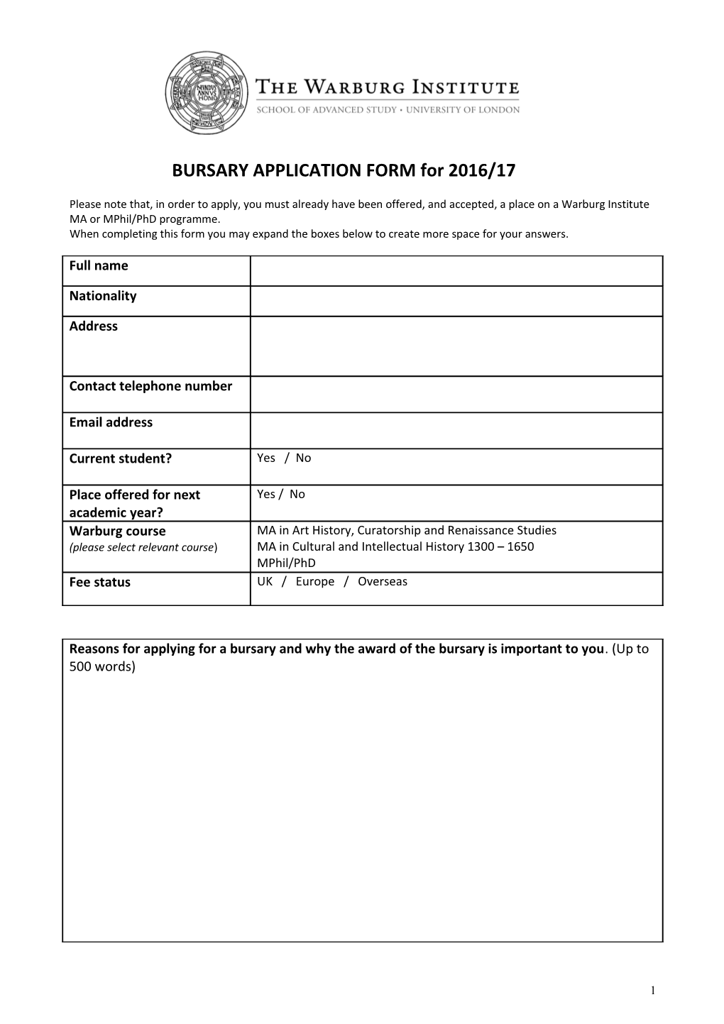 BURSARY APPLICATION FORM for 2016/17