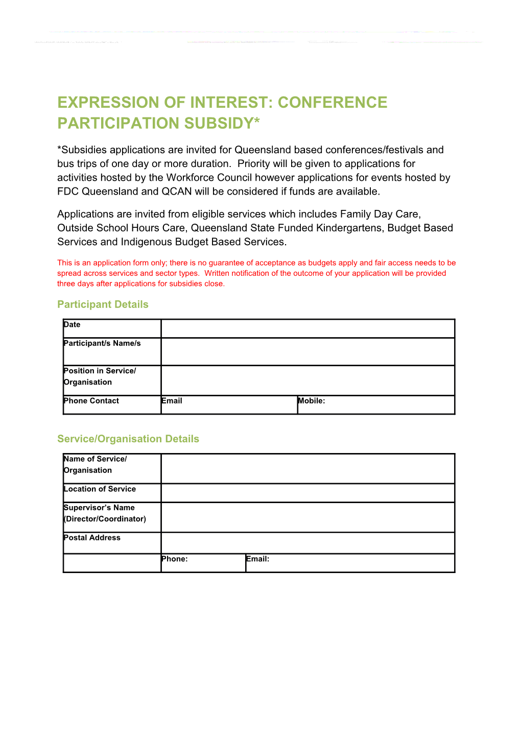 Expression of Interest: Conference Participation Subsidy*