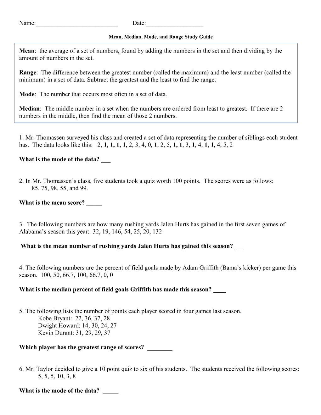 Mean, Median, Mode, and Range Study Guide