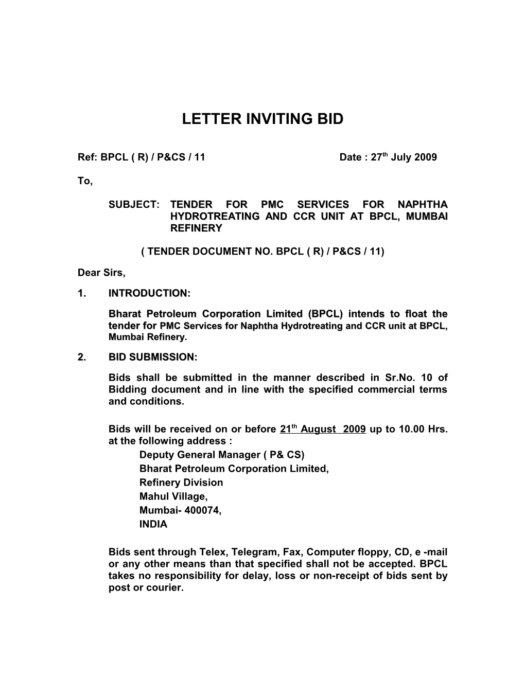 Letter Inviting Bid