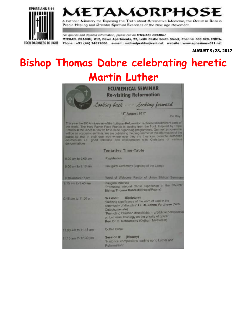 Bishop Thomas Dabre Celebrating Heretic Martin Luther