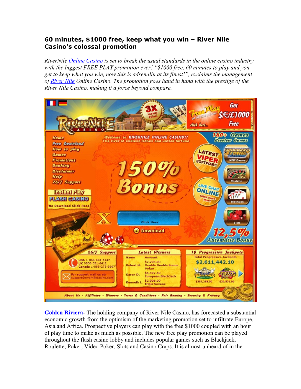 60 Minutes, $1000 Free, Keep What You Win River Nile Casino S Colossal Promotion