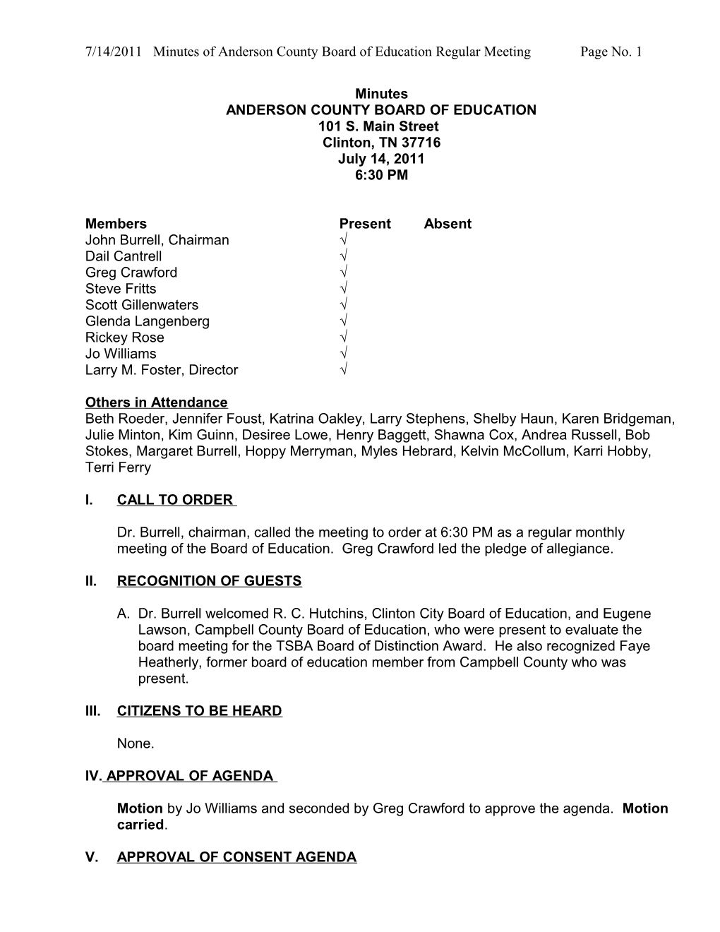 7/14/2011 Minutes of Andersoncounty Board of Education Regular Meeting Page No. 1