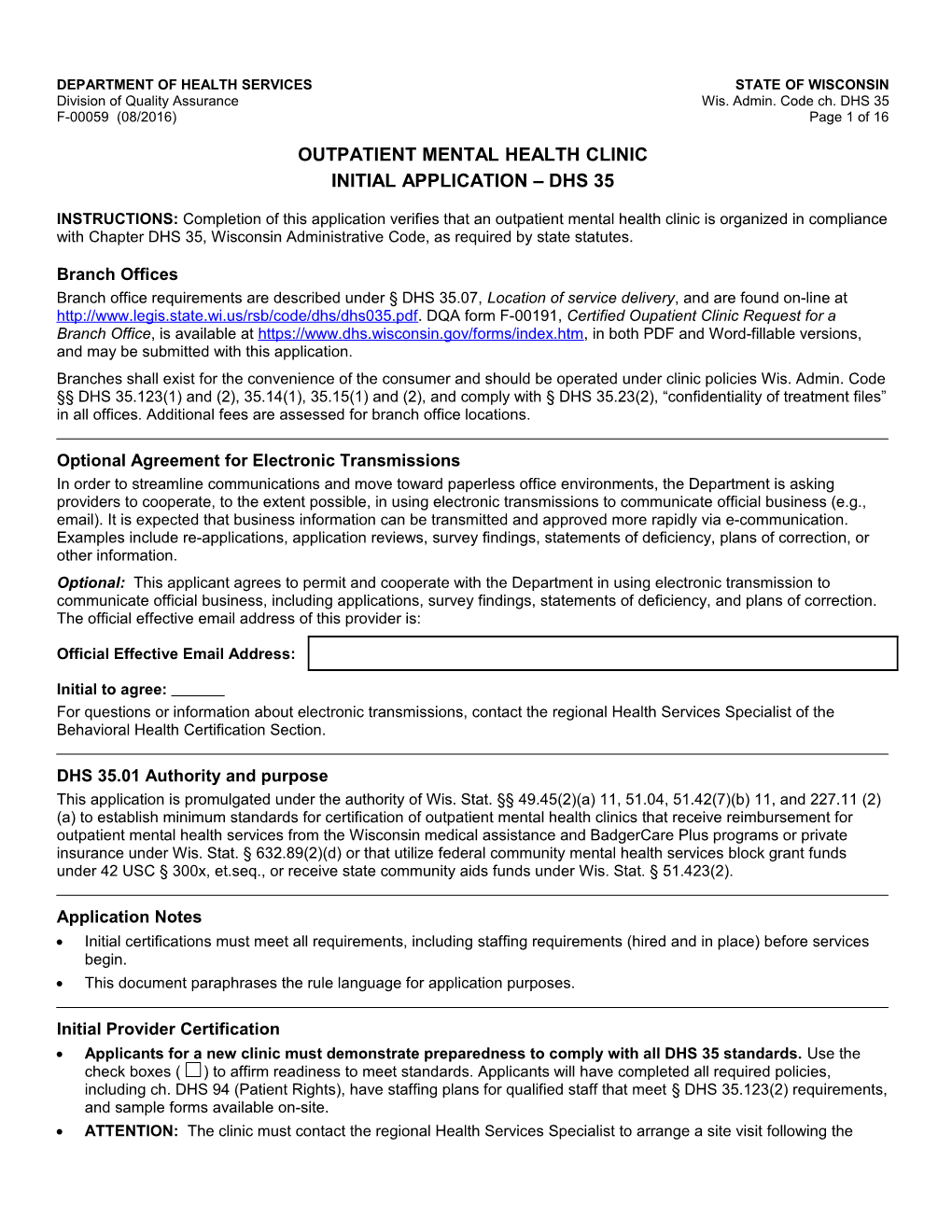 Outpatient Mental Health Clinic Initial Application - DHS 35, F-00059
