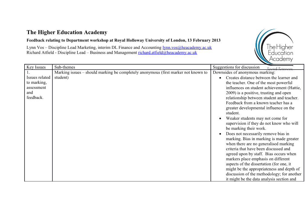 Feedback Relating to Department Workshop at Royal Holloway University of London, 13 February