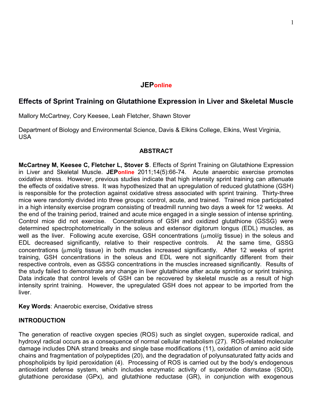 Effects of Sprint Training on Glutathione Expression in Liver and Skeletal Muscle