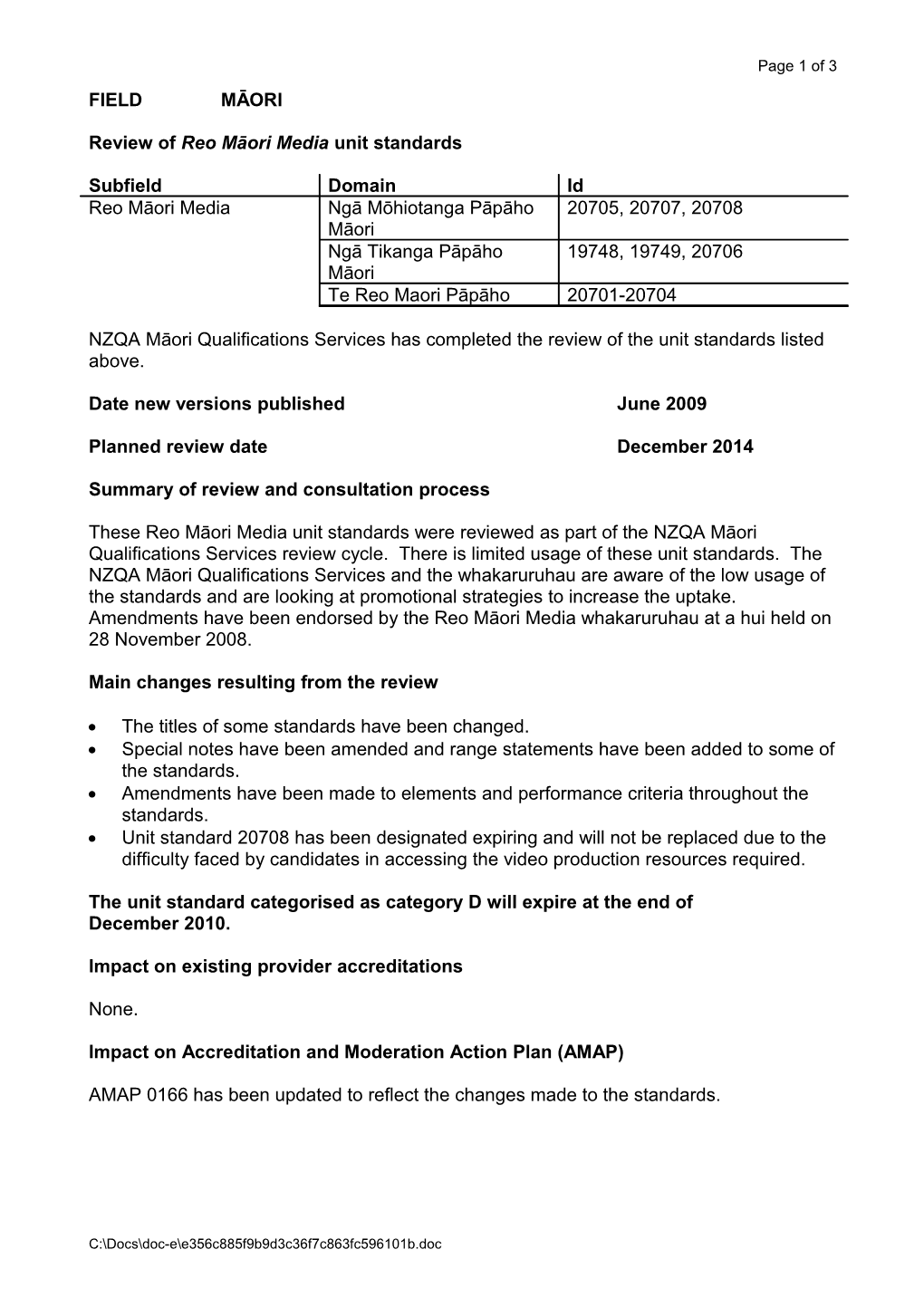 Review of Reo Māori Media Unit Standards