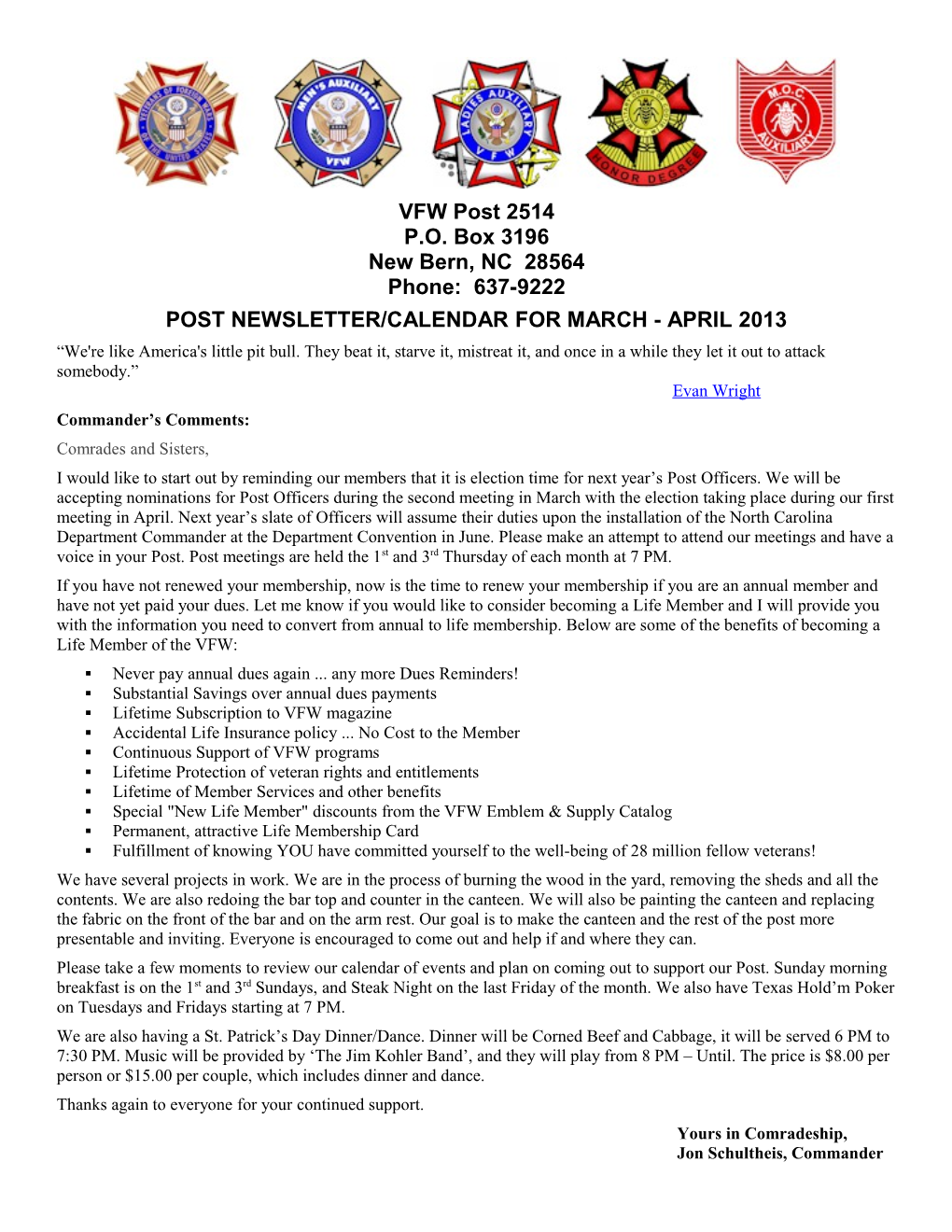 Post Newsletter/Calendar for March - April 2013