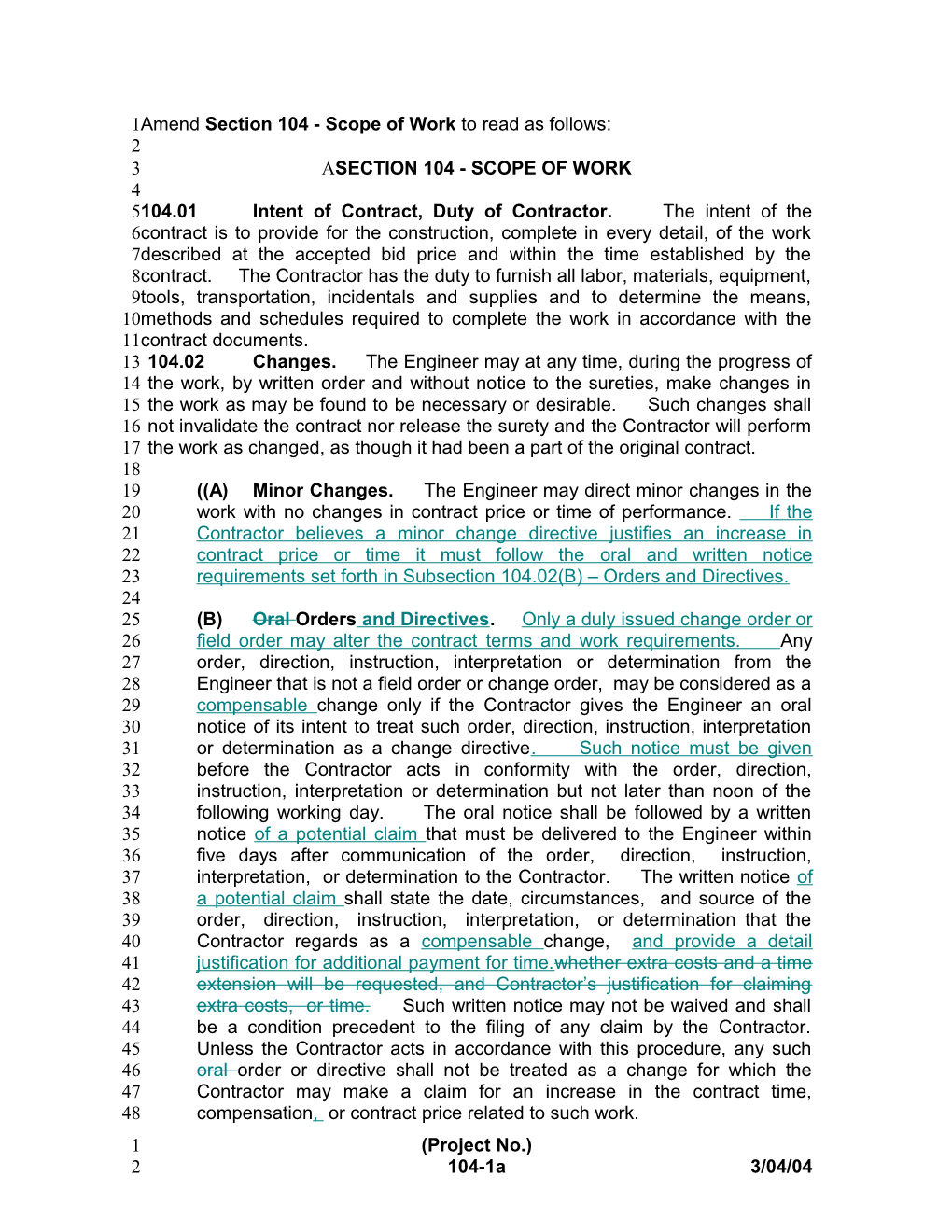 Amend Section 104 - Scope of Work to Read As Follows