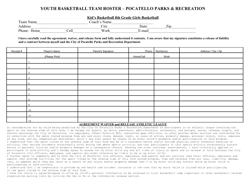 Adult Coed Soccer Team Roster Pocatello Parks & Recreation