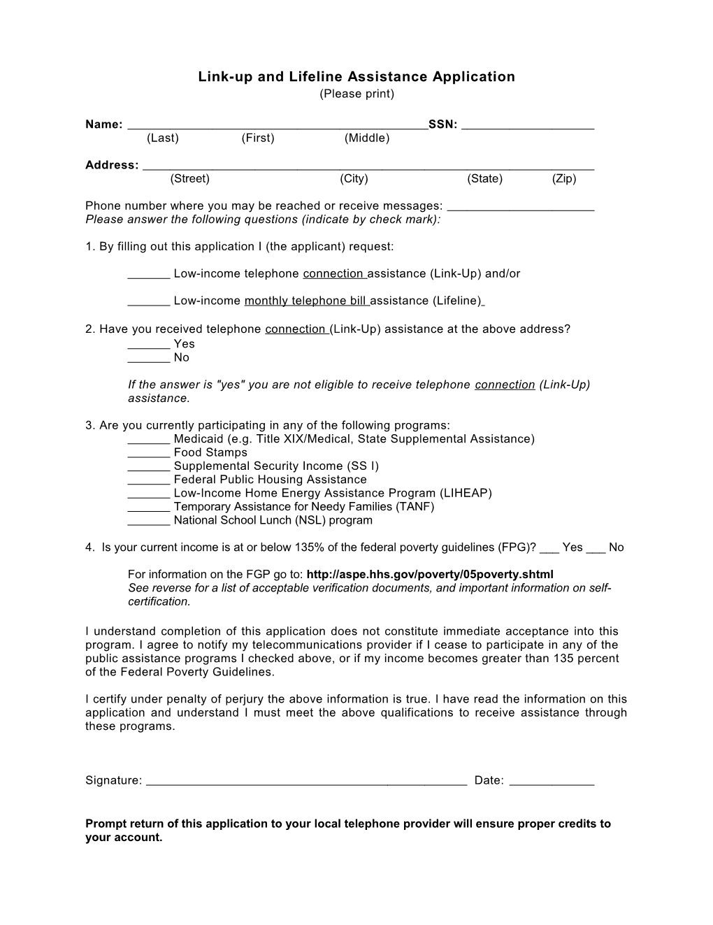 Low-Income Telephone Assistance Application