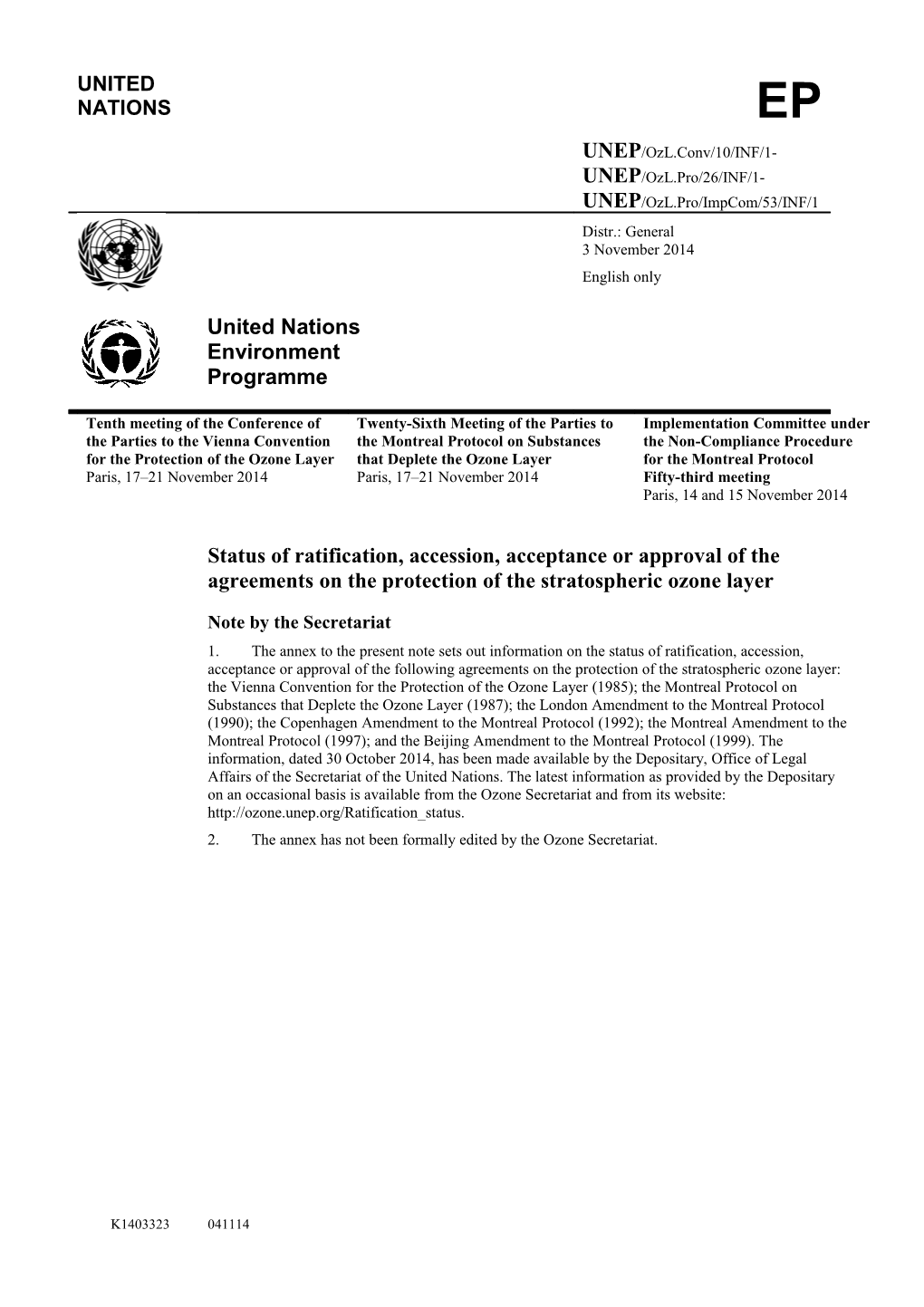 Status of Ratification, Accession, Acceptance Or Approval of the Agreements on the Protection