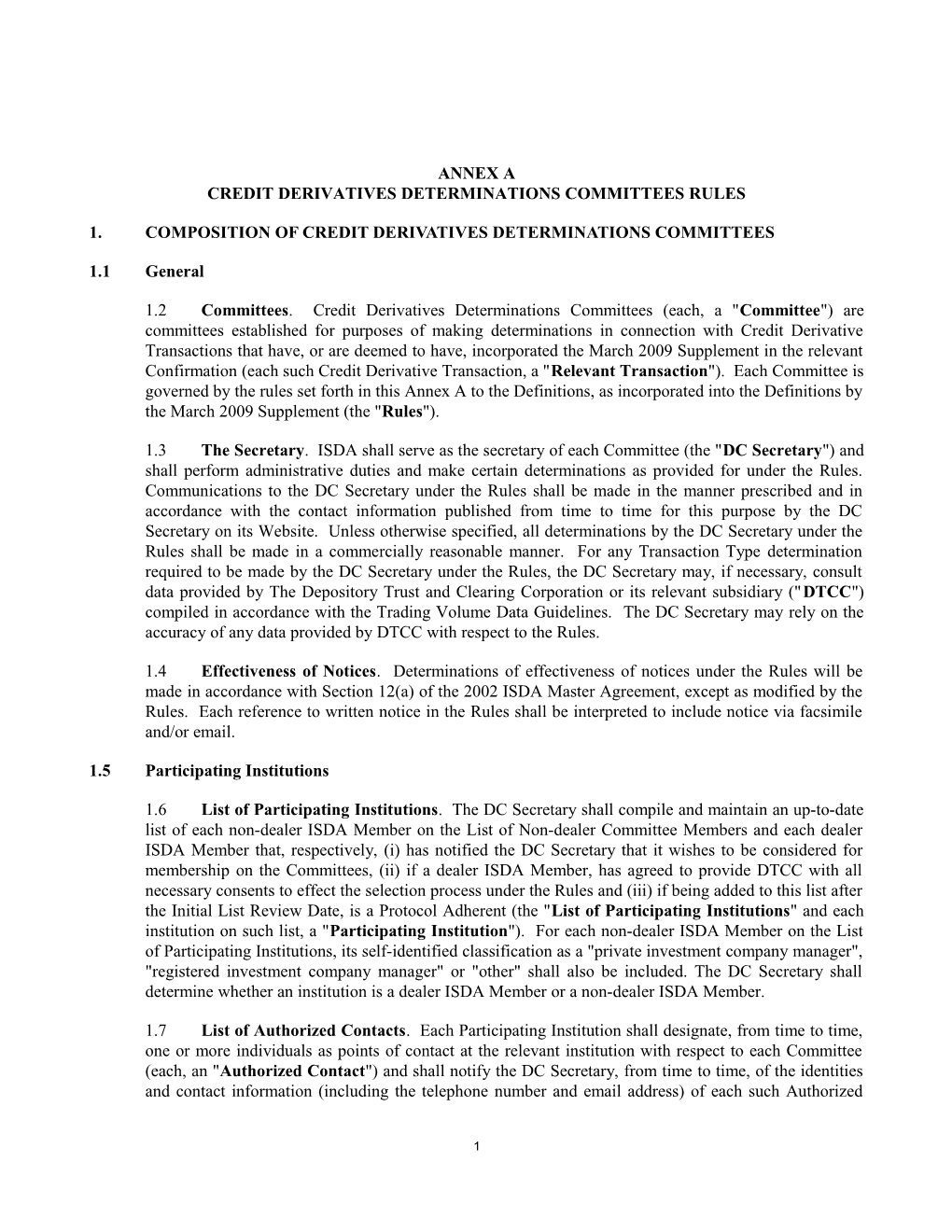 Annexa Credit Derivatives Determinations Committees Rules