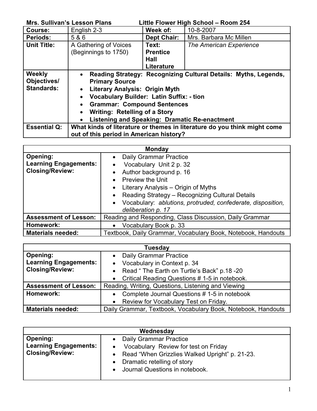 Mrs. Sullivan S Lesson Planslittle Flowerhigh School Room 254
