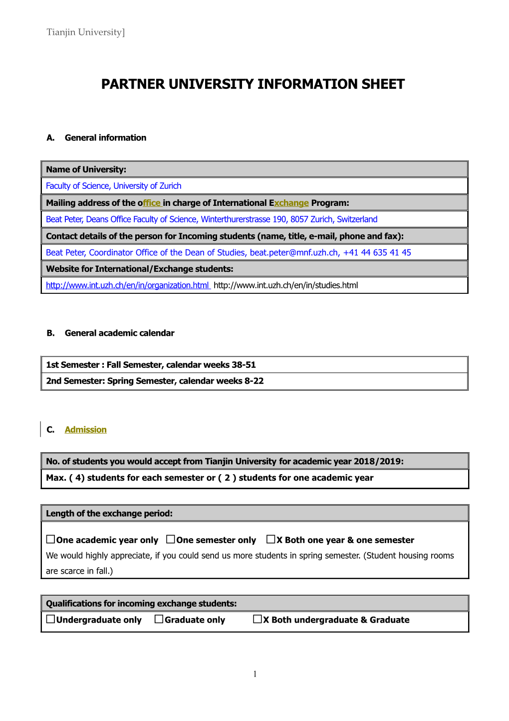 Partner University Information Sheet