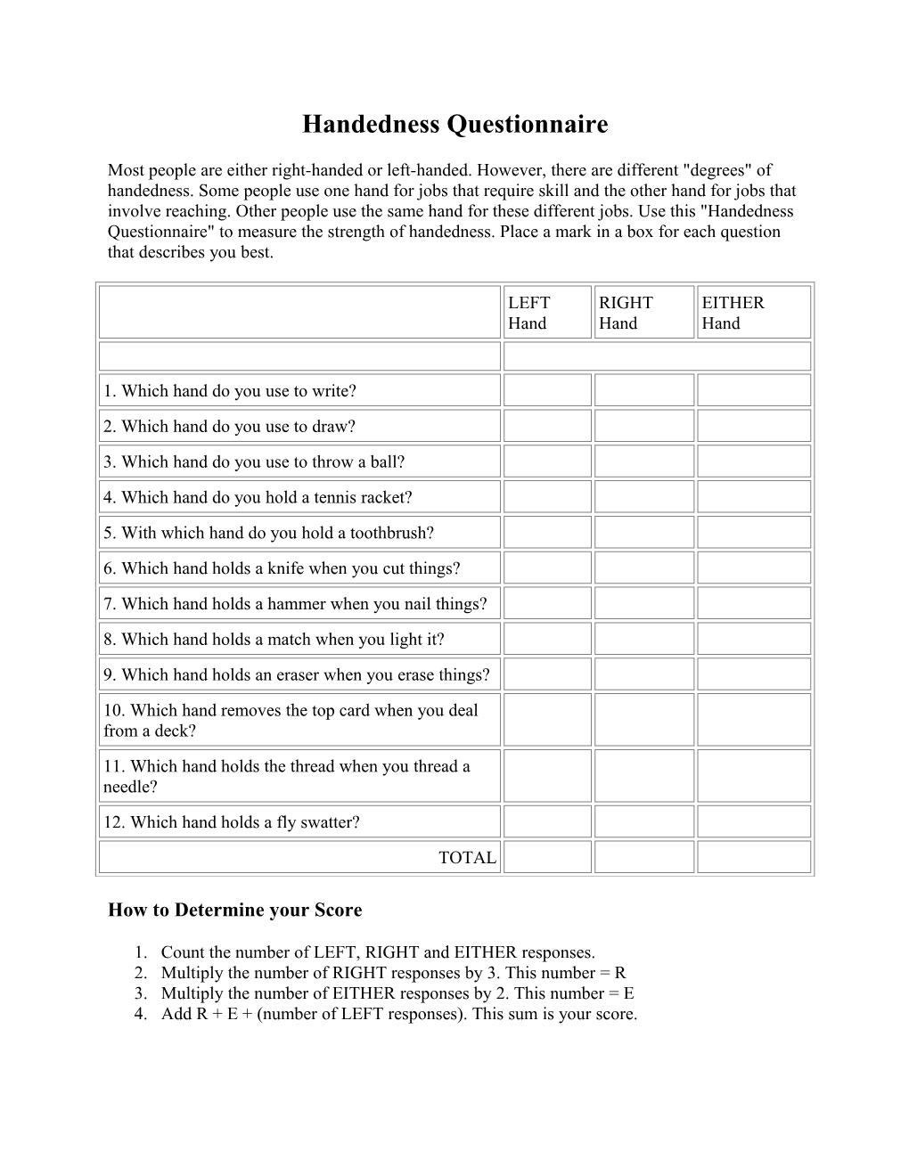 Handedness Questionnaire