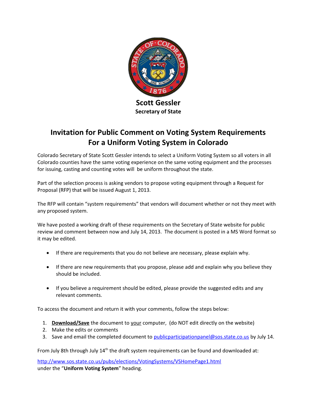 Invitation for Public Comment on Voting System Requirements