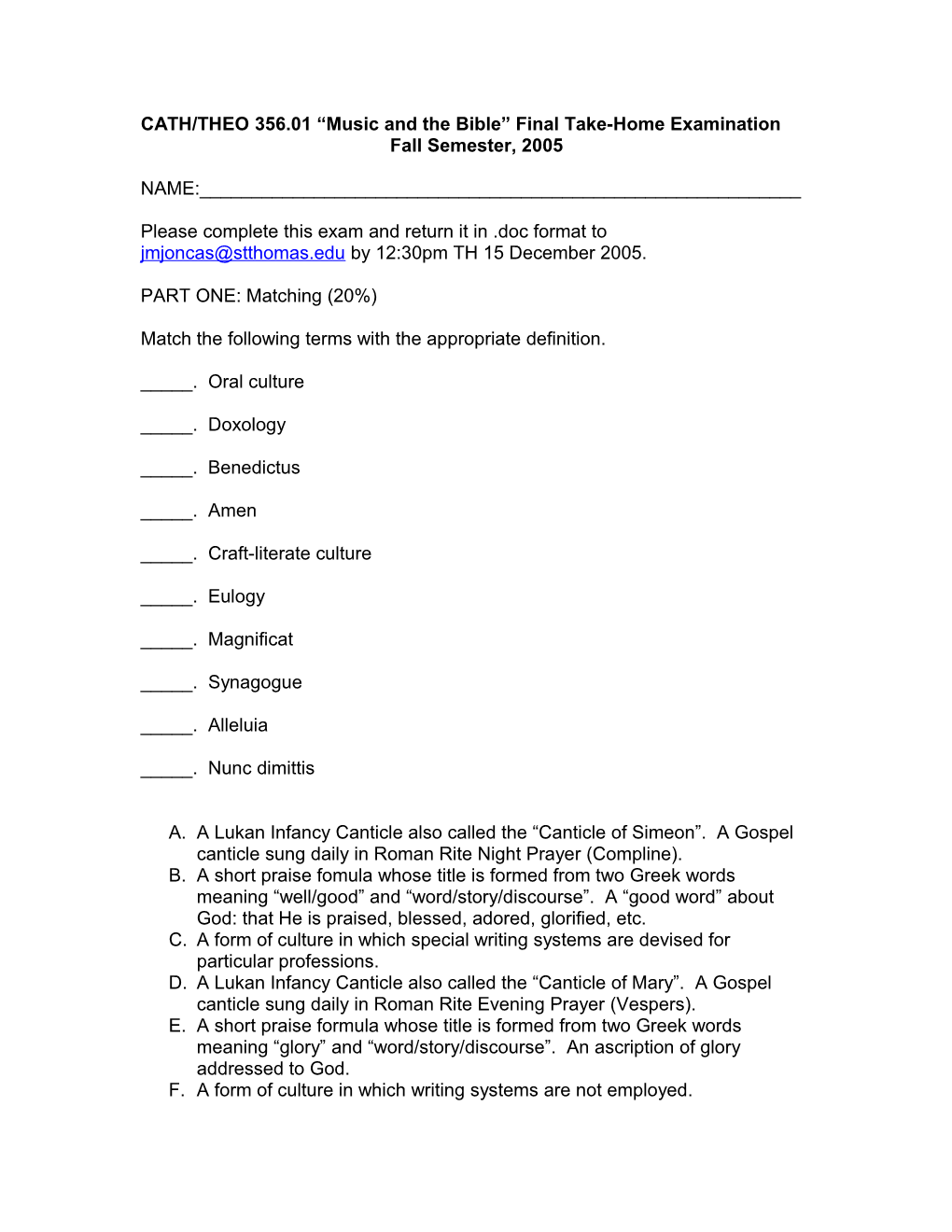 CATH/THEO 356.01 Music and the Bible Final Take-Home Examination