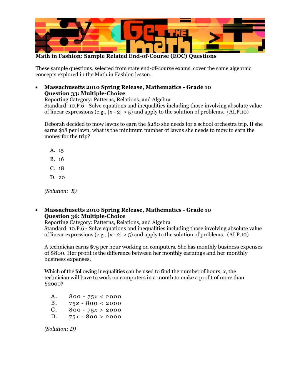 Math in Fashion: Algebra EOC Questions