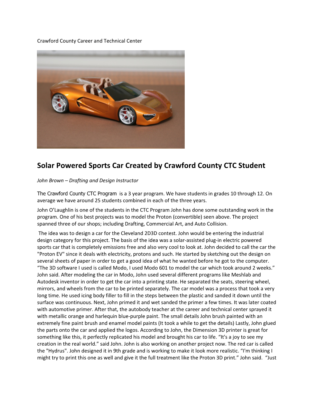 Solar Powered Sports Car Created by Crawford County CTC Student