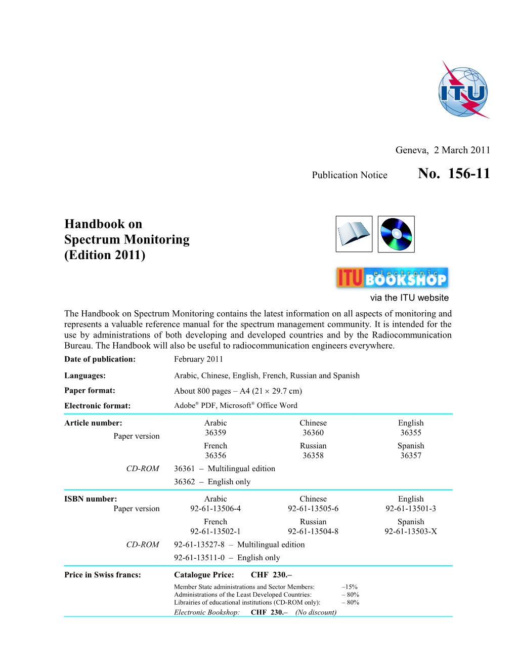 Publication Notice No. 156-02-Rev-04 Handbook Spectrum Monitoring Edition 2002
