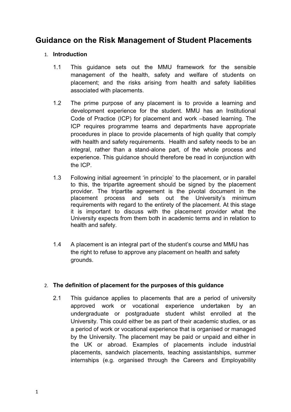 Guidance on the Risk Management of Student Placements